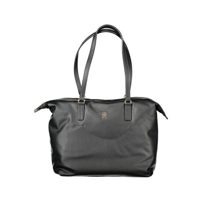 Tommy Hilfiger Black Polyester Women Handbag with dual handles and zip closure, showcasing sleek and minimalistic design for modern fashionistas.