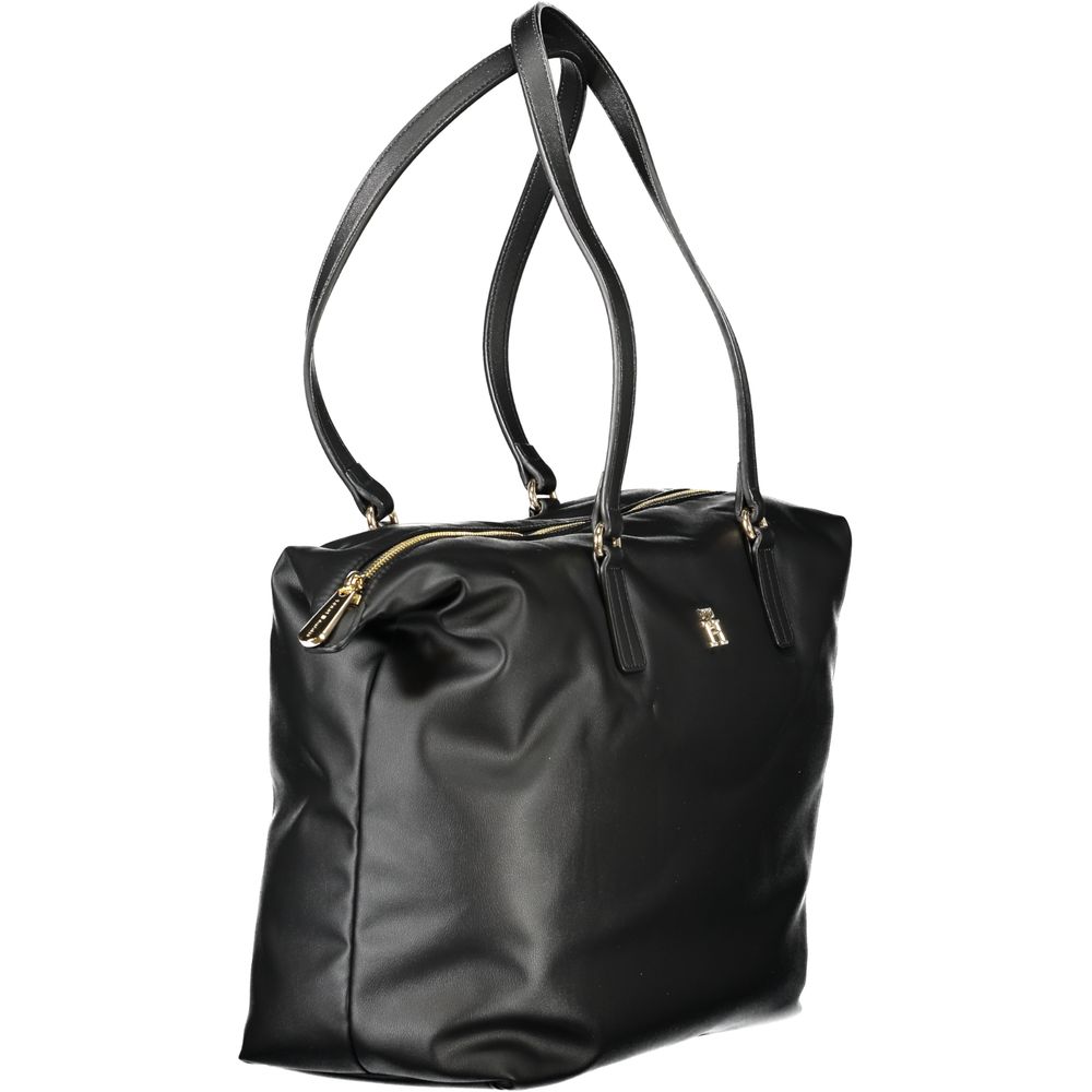 Tommy Hilfiger Black Polyester Women Handbag with dual handles and zip closure showcasing sleek design and functionality.