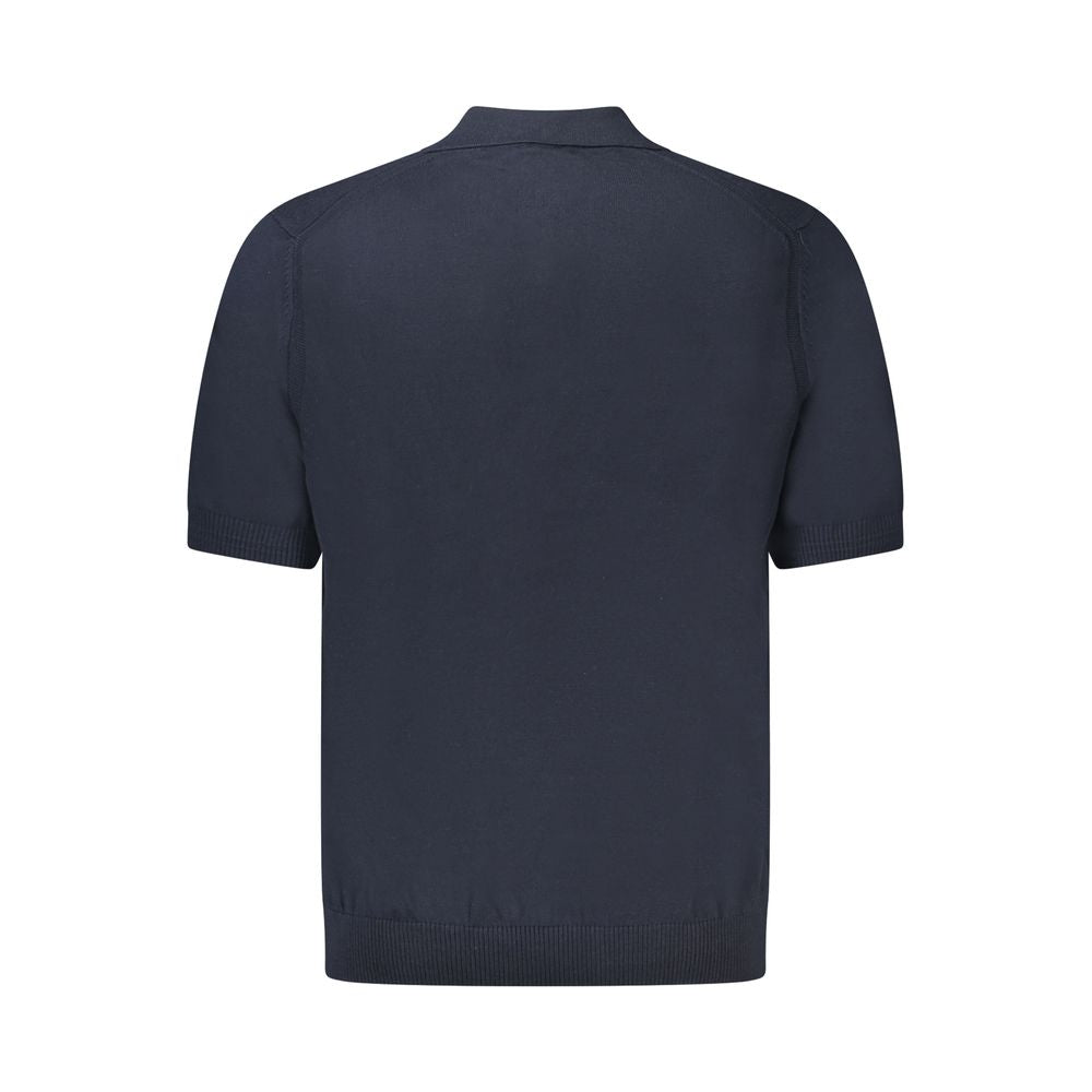 Hugo Boss Blue Cotton Sweater - short sleeved with 2 buttons, embroidery, and logo.