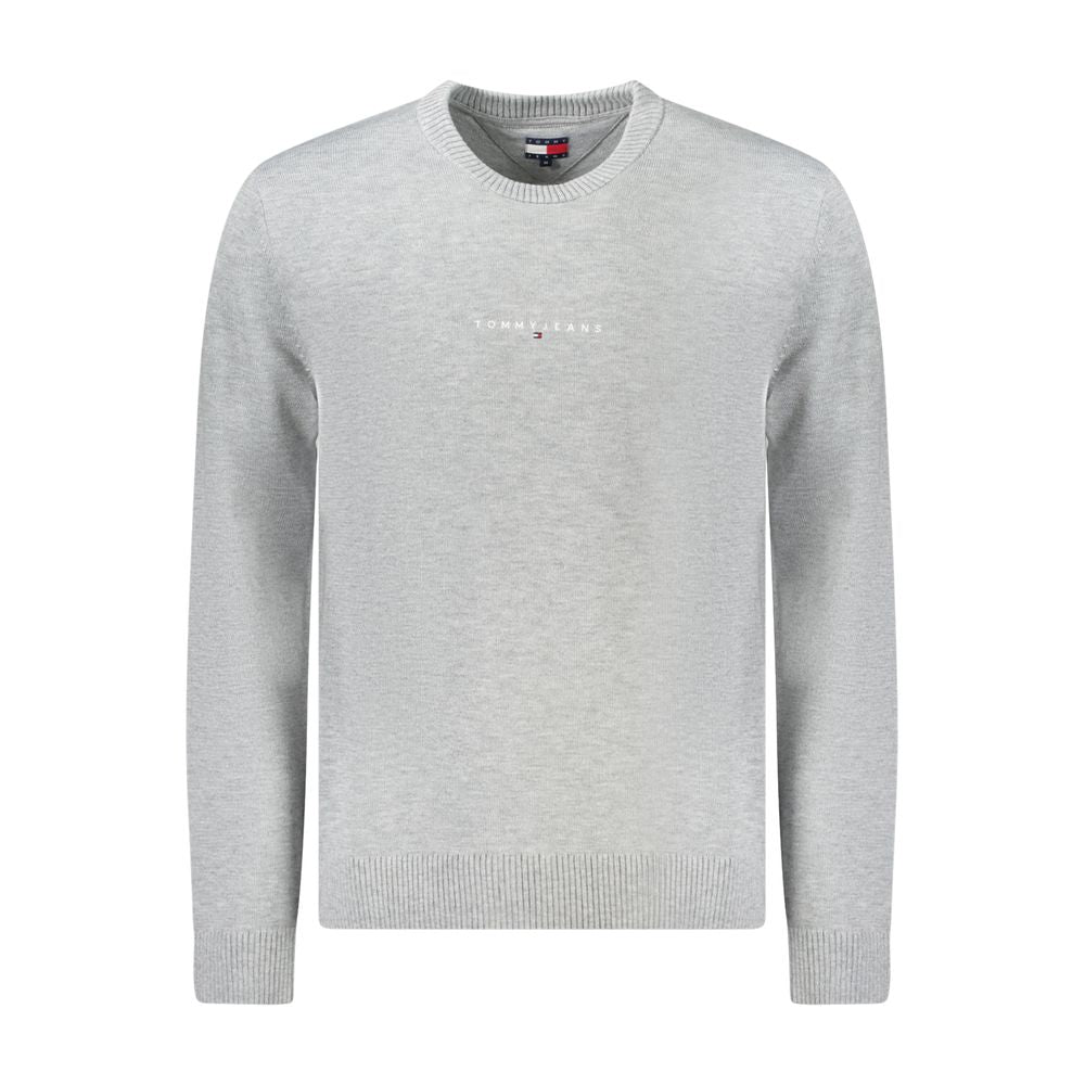 Front view of gray Tommy Hilfiger sweater with embroidered logo, crew neck design, showcasing modern casual style.