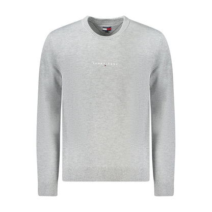 Front view of gray Tommy Hilfiger sweater with embroidered logo, crew neck design, showcasing modern casual style.