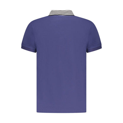 Back view of Cavalli Class Blue Cotton Men Polo Shirt with striped collar detailing.