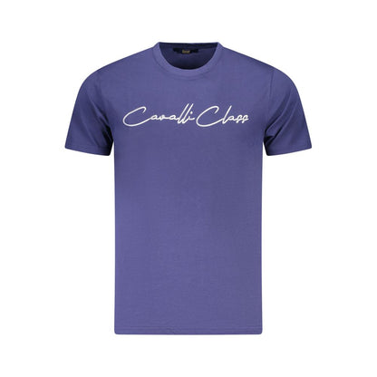Cavalli Class Blue Cotton Men T-Shirt with bold logo, showcasing chic fashion and comfort. Short-sleeved designer wear for men.