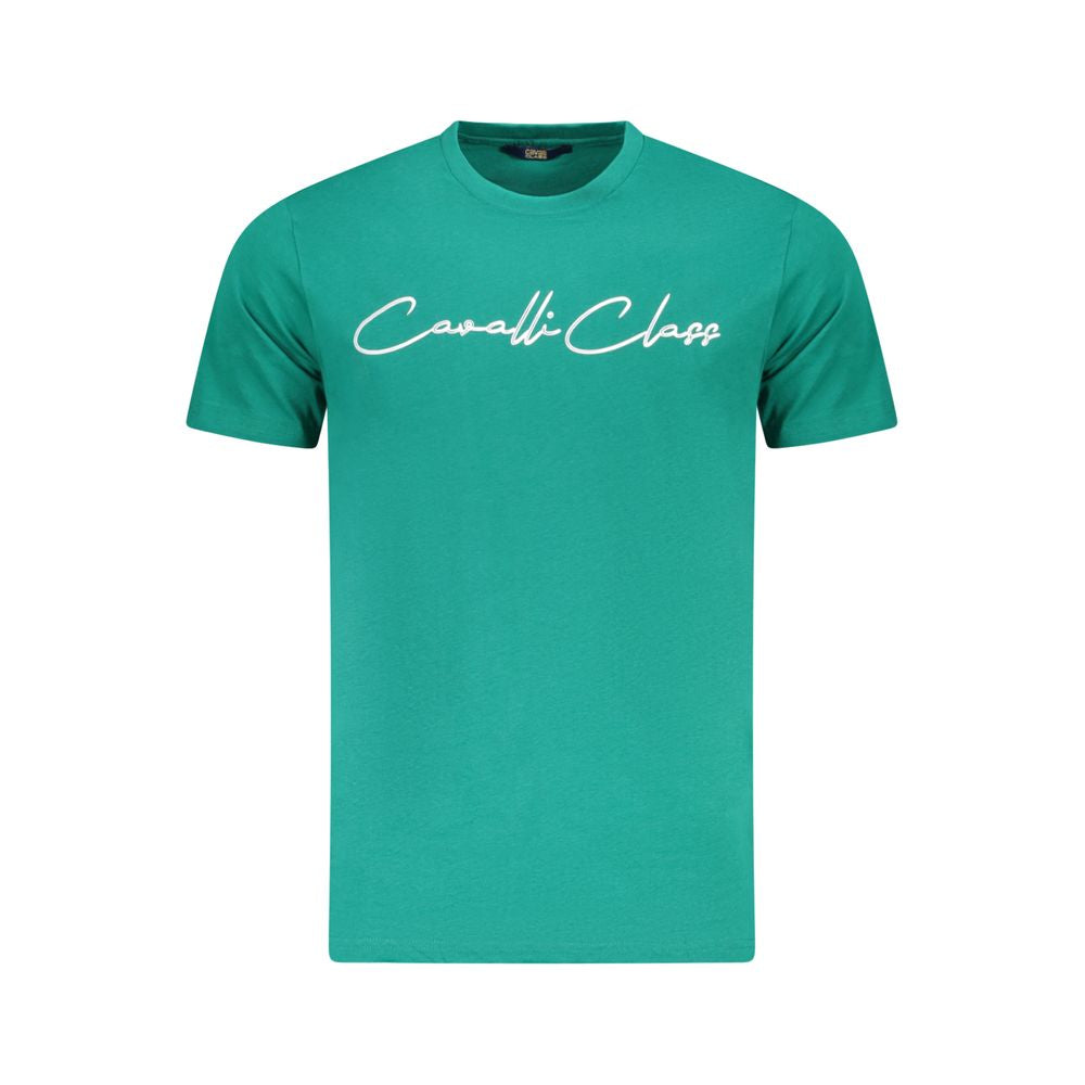 Cavalli Class Green Cotton Men T-Shirt with logo, crew neck, and short sleeves, embodying luxury and contemporary fashion.