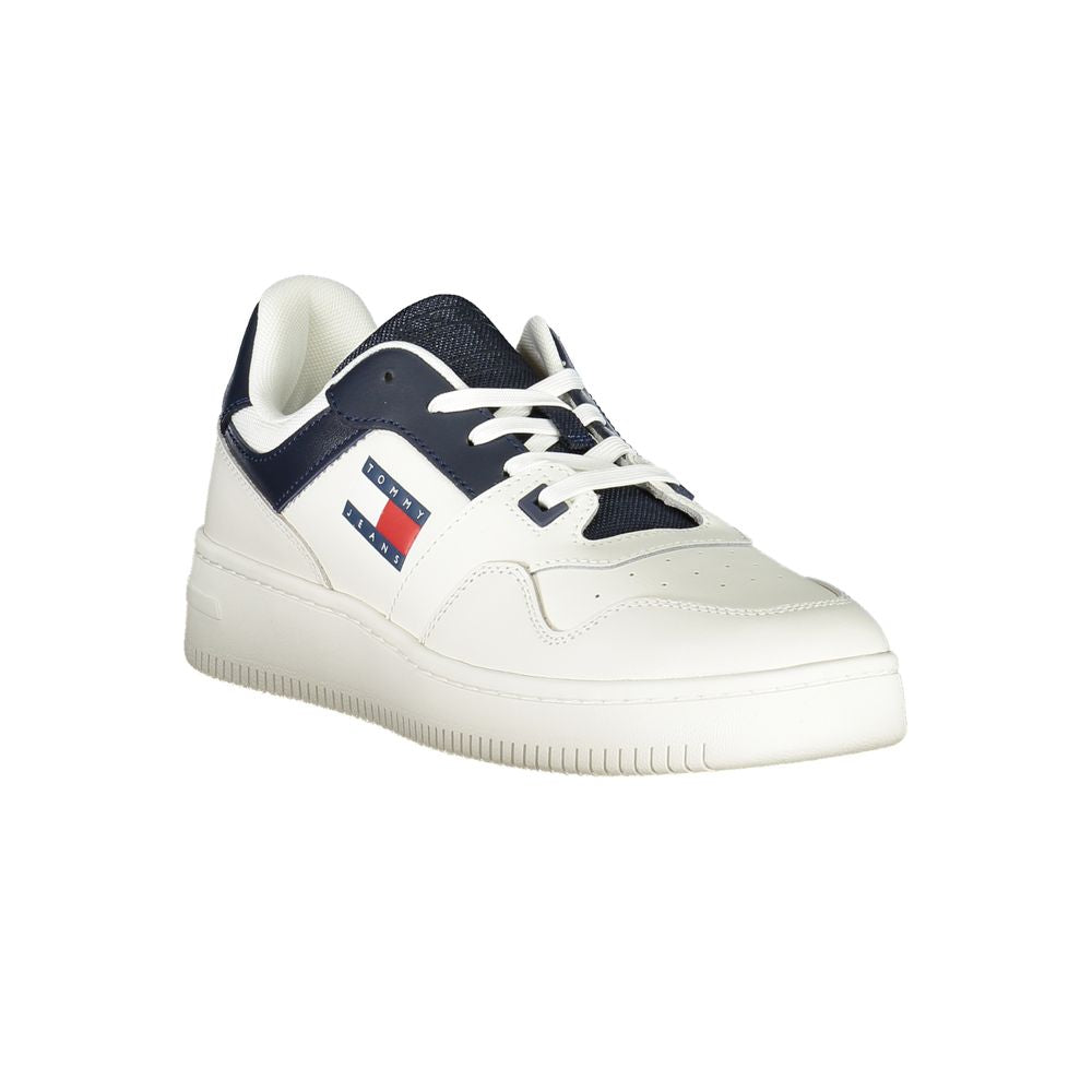 Tommy Hilfiger Blue Leather Men Sneaker with iconic logo, designed for sporty chic style and comfort.