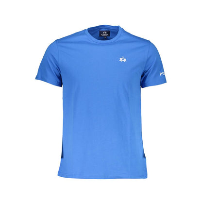 La Martina Blue Cotton Men T-Shirt with embroidery and logo print, crew neck, short sleeves