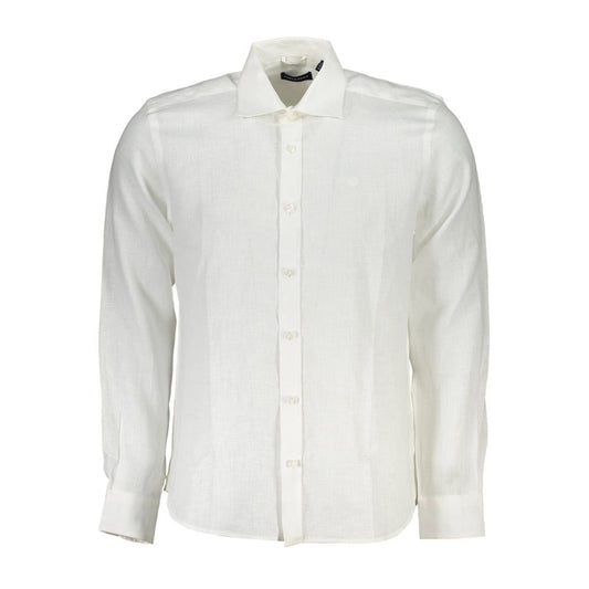 North Sails White Linen Men Shirt with Italian collar and 1-button cuffs.