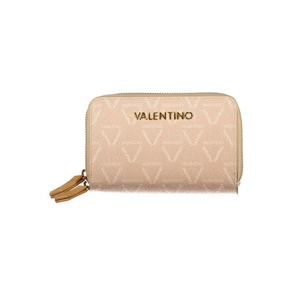 Mario Valentino Beige Polyethylene Women Wallet with zip closure and logo, featuring three compartments and coin purse.