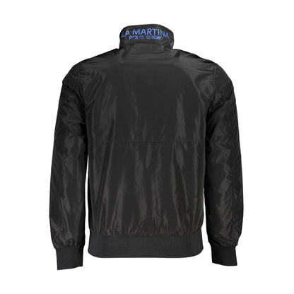 La Martina Black Polyester Men Jacket with embroidered logo, featuring a modern design and external pockets, ideal for seasonal transitions.