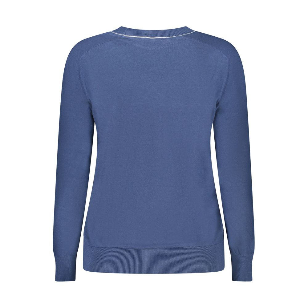Back view of North Sails Blue Cotton Women Sweater with long sleeves and crew neck design.