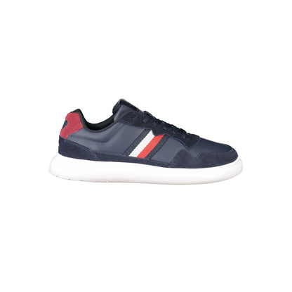 Tommy Hilfiger Blue Leather Men Sneaker with dynamic textures and iconic logo, perfect for style-conscious trendsetters.