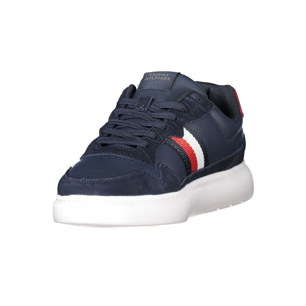 Tommy Hilfiger Blue Leather Men Sneaker with white sole and red detailing, iconic logo, ideal for trendy, stylish outfits.