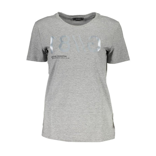 Guess Jeans Gray Cotton Women T-Shirt with short sleeves and wide neck design, featuring iconic Guess logo and striking print.