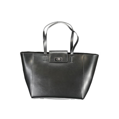 Calvin Klein Black Polyester Handbag with shoulder handles and internal pocket, featuring recycled polyester material and logo.