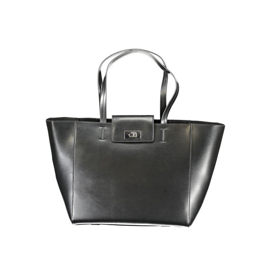 Calvin Klein Black Polyester Handbag with shoulder handles, snap closure, internal pocket, and logo detailing.