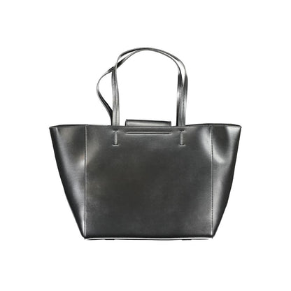 Calvin Klein Black Polyester Handbag with shoulder handles and internal pocket, snap closure, and logo, made from recycled polyester.