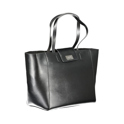 Calvin Klein Black Polyester Handbag with two shoulder handles, snap closure, internal pocket, and logo detailing.