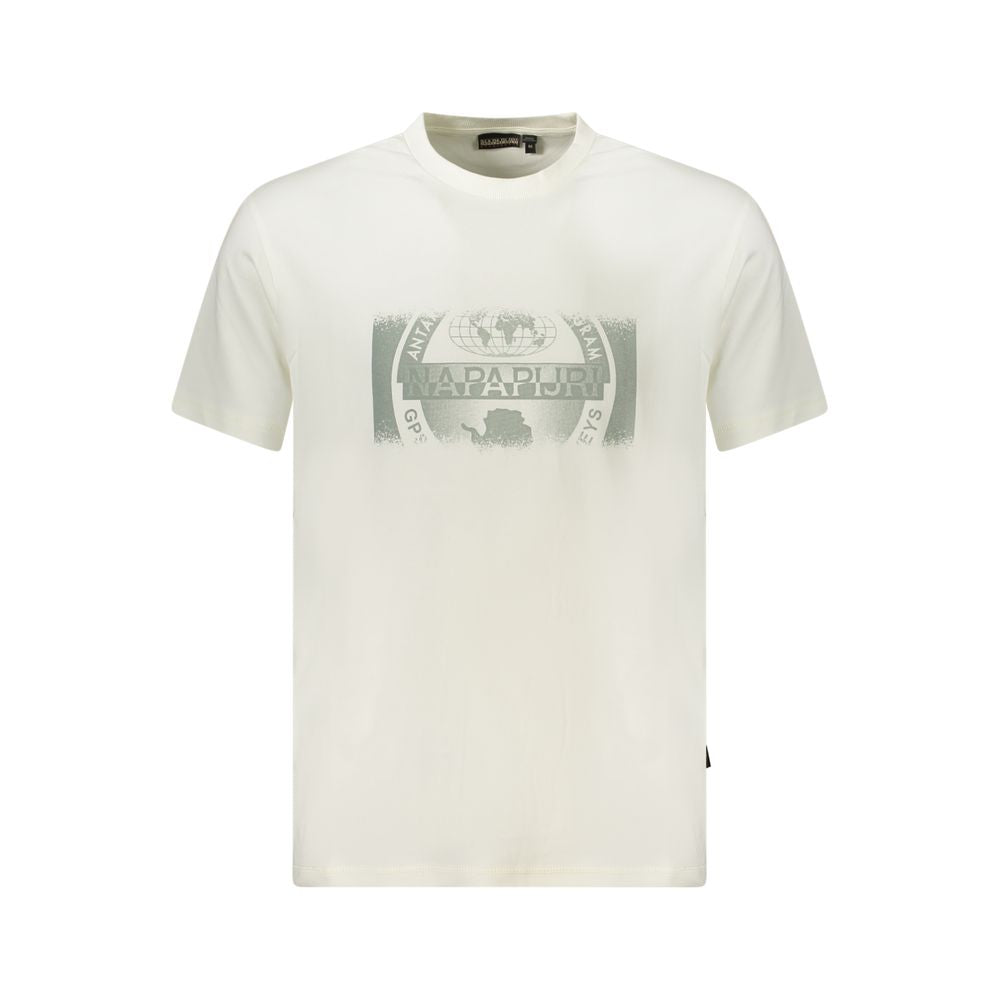 Napapijri White Cotton Men T-Shirt with bold print and iconic logo, eco-friendly fashion statement.