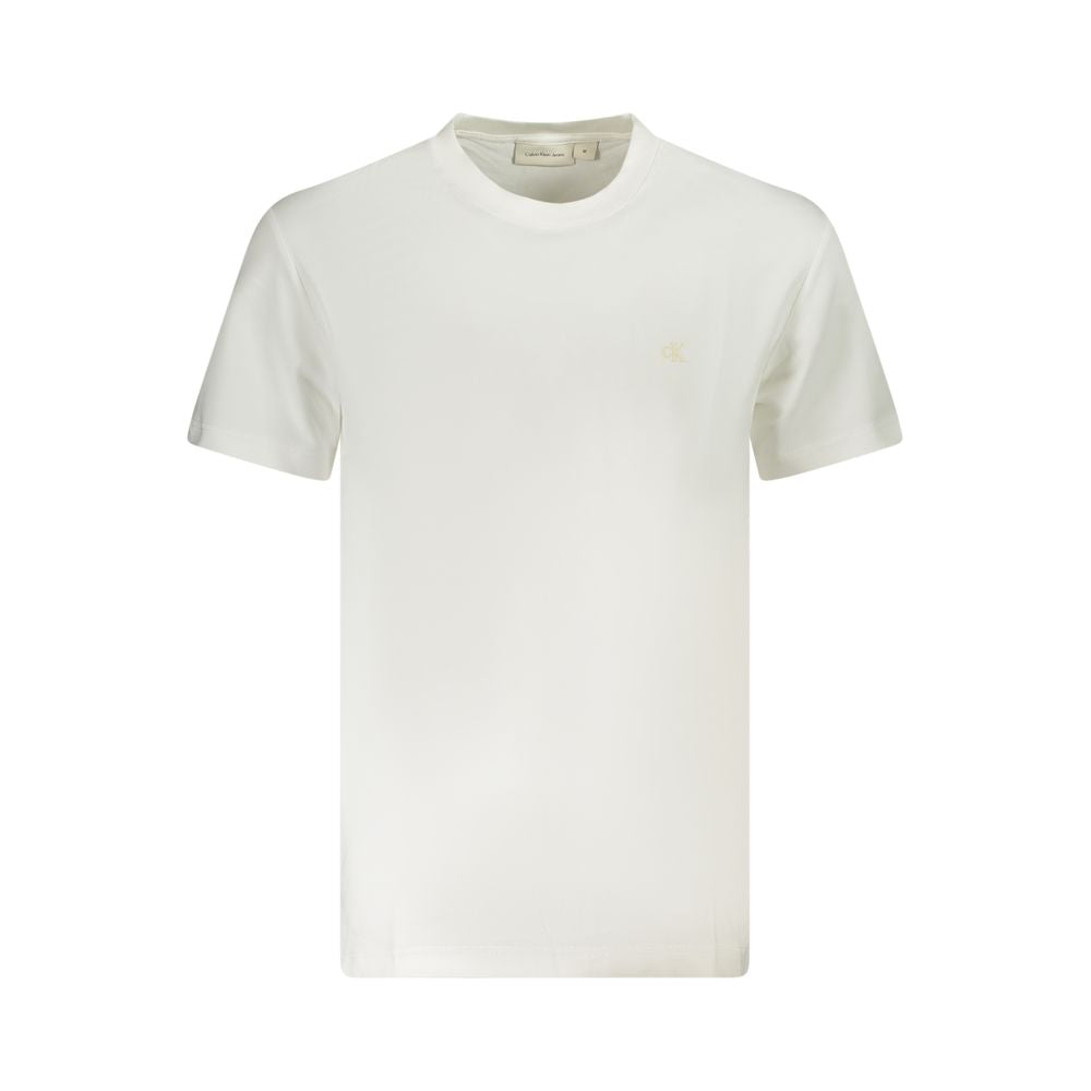 Calvin Klein White Cotton Men T-Shirt with bold logo print, crafted from high-quality regenerative cotton for casual elegance.