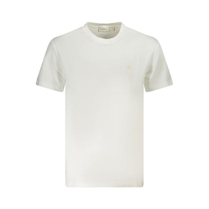 Calvin Klein White Cotton Men T-Shirt with bold logo print, crafted from high-quality regenerative cotton for casual elegance.
