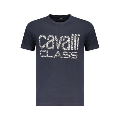 Cavalli Class Blue Cotton Men T-Shirt with bold logo, short sleeves, and crew neck, showcasing luxurious fashion appeal.