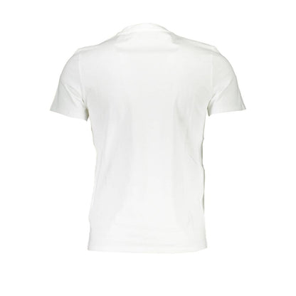 Back view of Guess Jeans White Cotton Men T-Shirt showcasing slim-fit design and simple elegance. Ideal for stylish wardrobe essentials.
