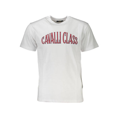 Cavalli Class White Cotton Men T-Shirt with red logo print, crew neck, short sleeves, elegant design for fashion-forward individuals.