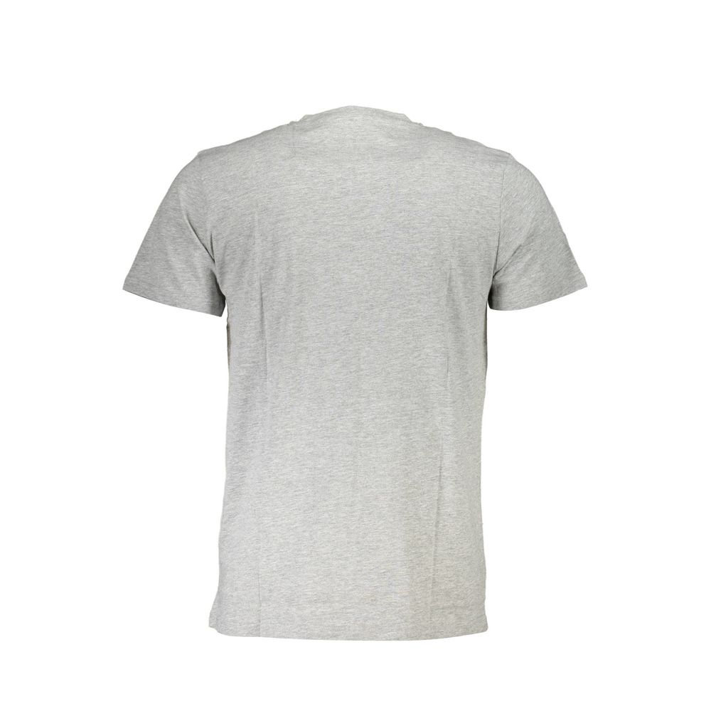Back view of gray men's T-shirt on white background