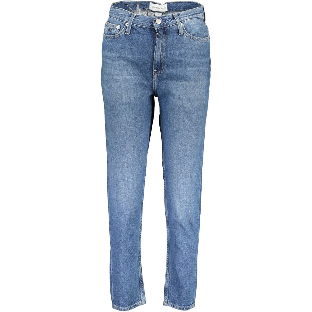 Calvin Klein Blue Cotton Women Jeans with high-waist, faded effect, embroidery, and 5-pocket design made from 20% recycled cotton.