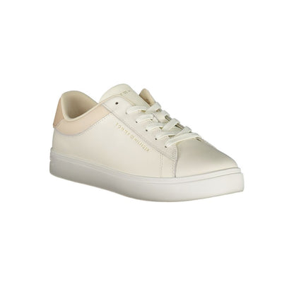 Tommy Hilfiger Beige Leather Women Sneaker with sleek design and iconic logo, featuring removable footbed for comfort and style.