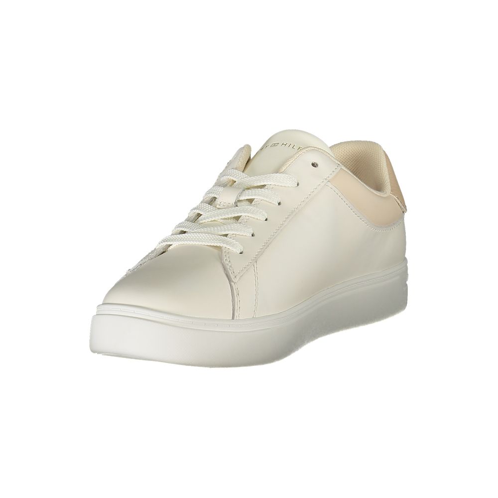 Tommy Hilfiger Beige Leather Women Sneaker showcasing sleek beige design with contrasting details and signature logo.