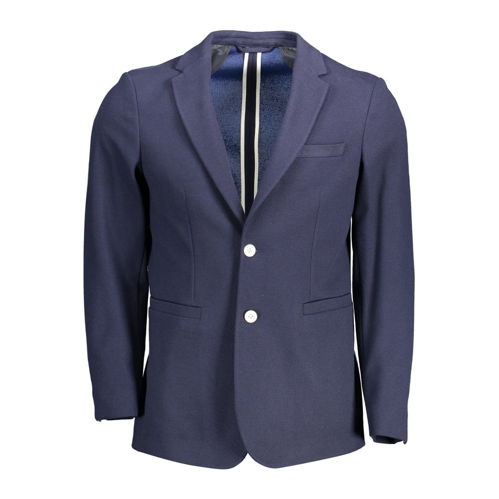 Gant Blue Cotton Men Jacket with 2-button closure, long sleeves, and multiple pockets, perfect blend of modern style and practicality.