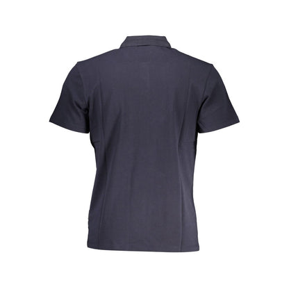 Back view of Napapijri Blue Cotton Men Polo Shirt with short sleeves and classic collar, showcasing premium cotton material and tailored fit.