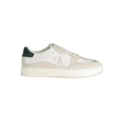 Calvin Klein White Leather Men Sneaker with logo and contrasting details, showcasing sustainable style and sophistication.