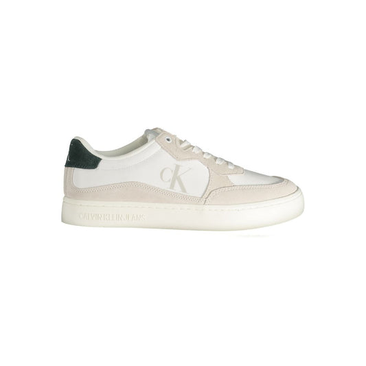 Calvin Klein White Leather Men Sneaker with logo and contrasting details, showcasing sustainable style and sophistication.