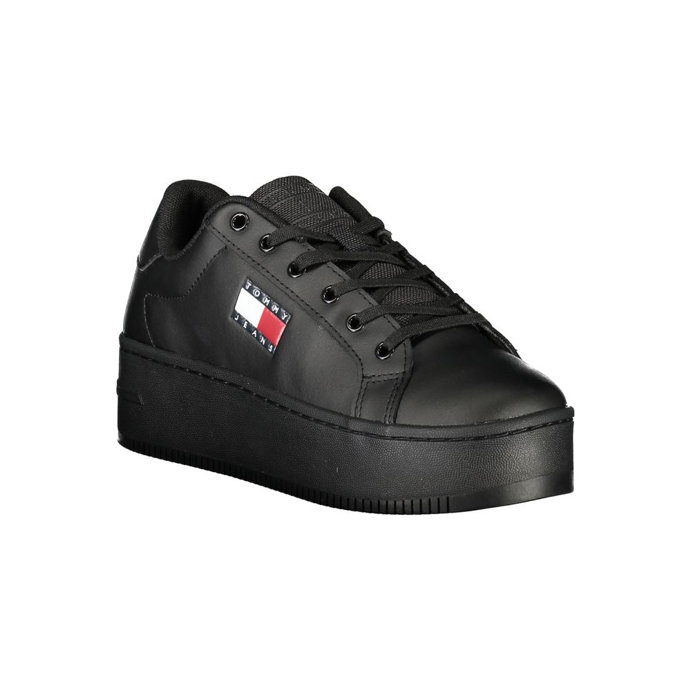 Tommy Hilfiger Black Polyethylene Women Sneaker with lace-up design and 5 cm wedge, featuring iconic logo.