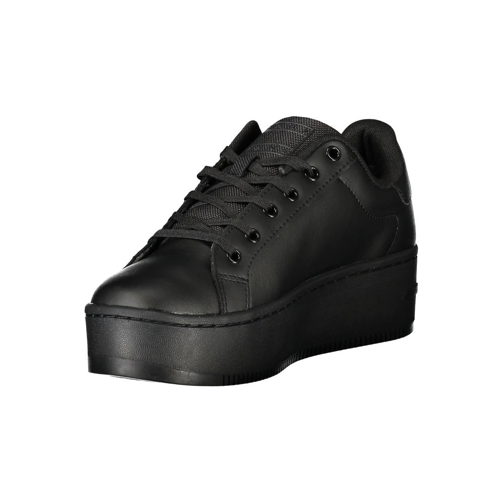 Tommy Hilfiger Black Polyethylene Women Sneaker with 5 cm wedge, lace-up design, showcasing premium style and comfort.