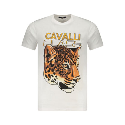 Cavalli Class White Cotton Men T-Shirt with stylish leopard print and logo, fashion-forward design epitomizing luxury and comfort.