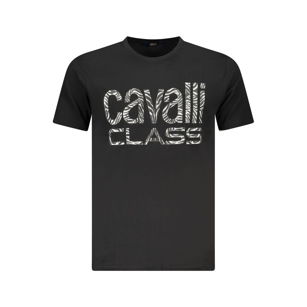 Cavalli Class Black Cotton Men T-Shirt with iconic logo print, premium cotton for casual luxury and style in sleek black.
