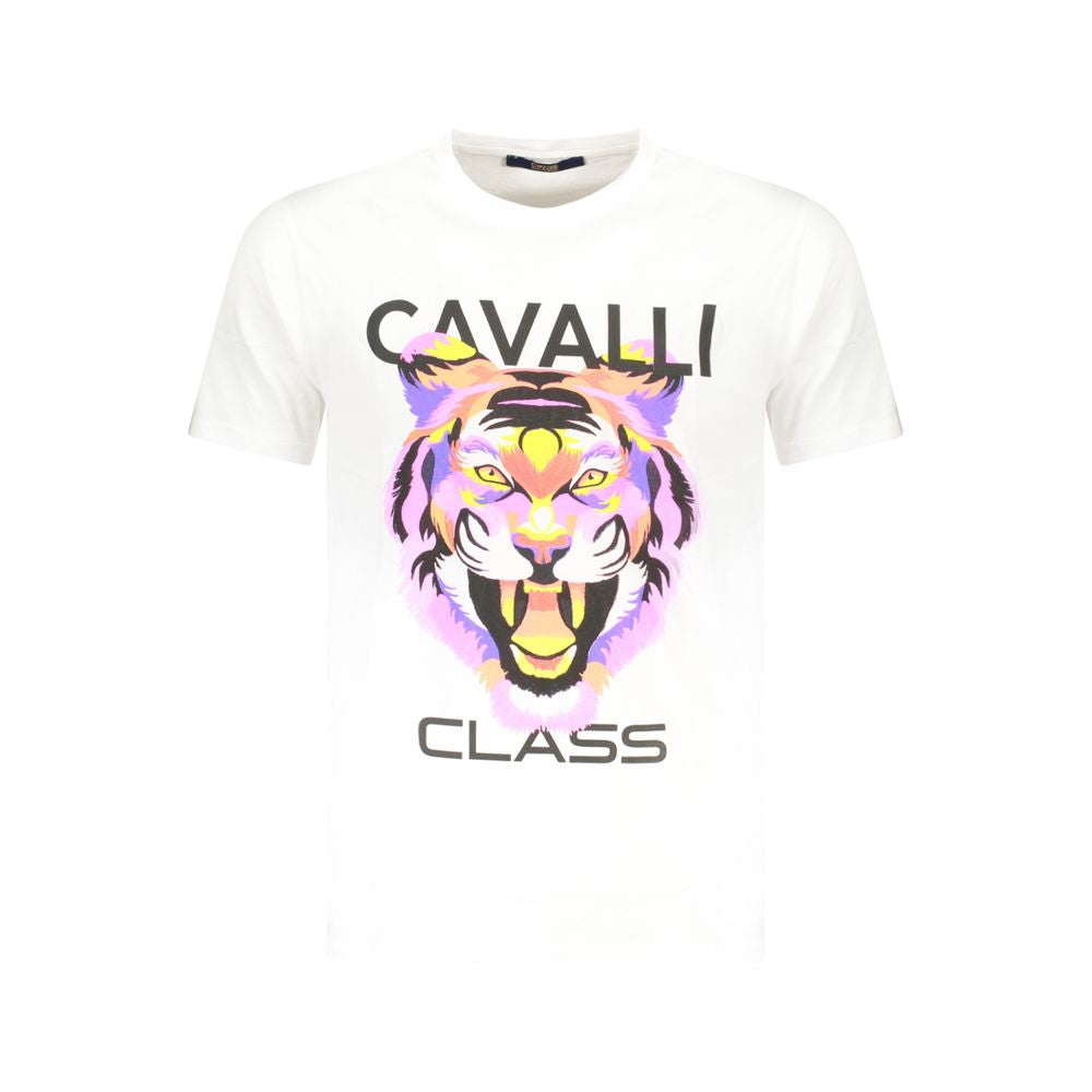 Cavalli Class White Cotton Men T-Shirt with bold graphic print and logo, premium short sleeve design, trendy luxury fashion for men.