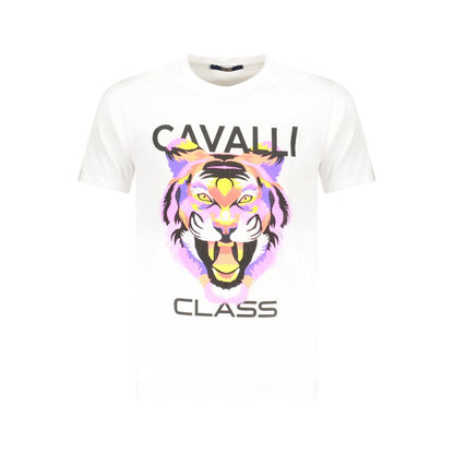 Cavalli Class White Cotton Men T-Shirt with bold graphic print and logo, premium short sleeve design, trendy luxury fashion for men.