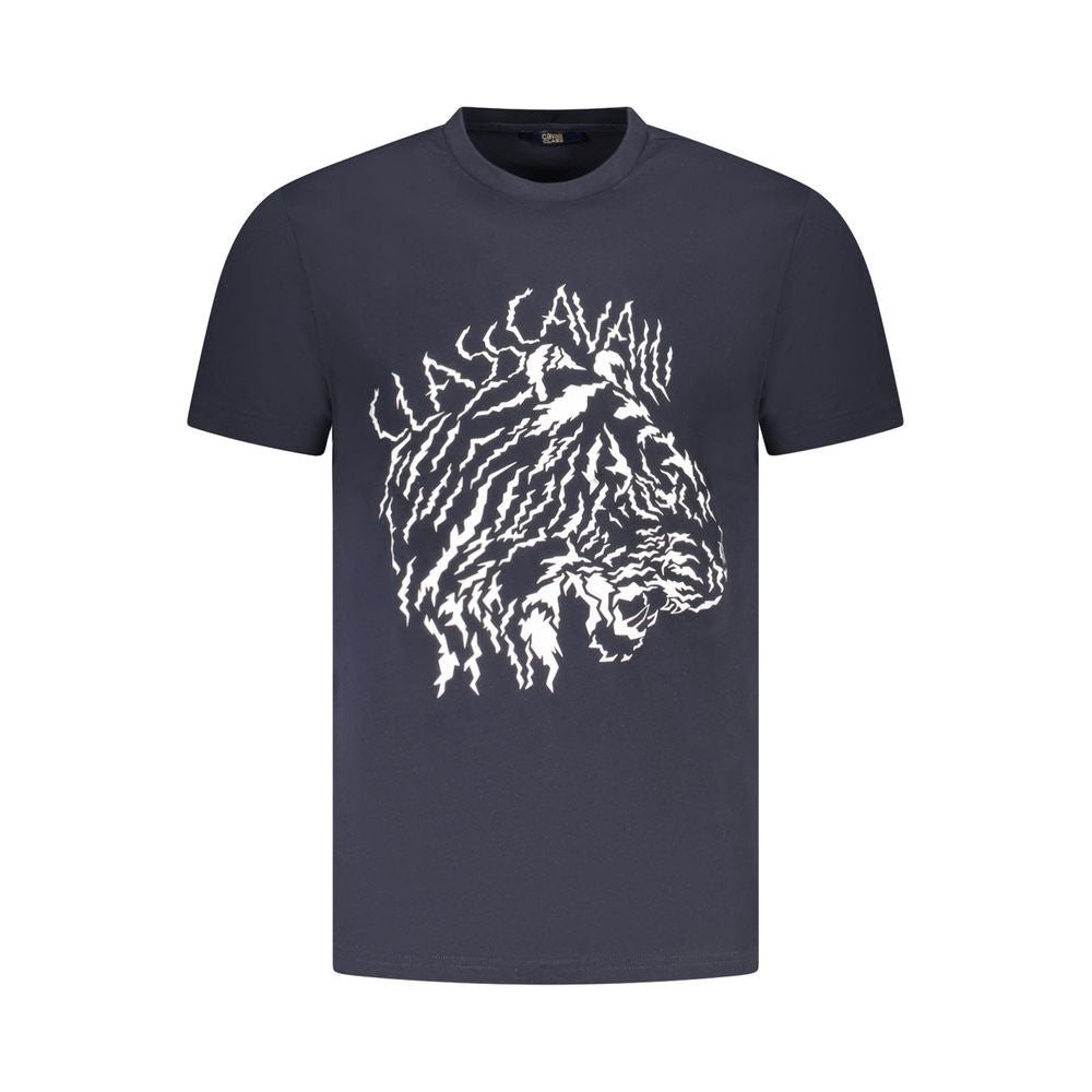 Cavalli Class Blue Cotton Men T-Shirt with graphic print and logo, modern luxury fashion, crew neck, short sleeves, stylish men's wear