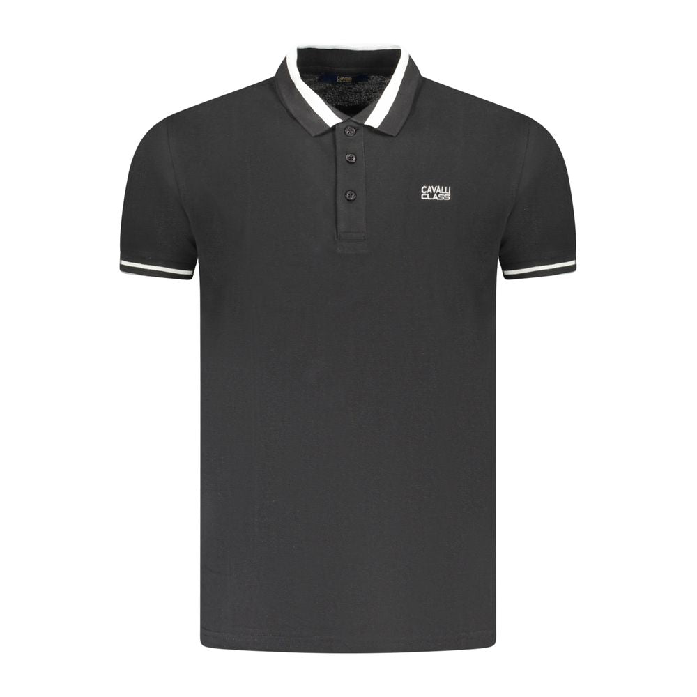 Cavalli Class Black Cotton Men Polo Shirt with contrast buttons and embroidered logo for a sophisticated look.