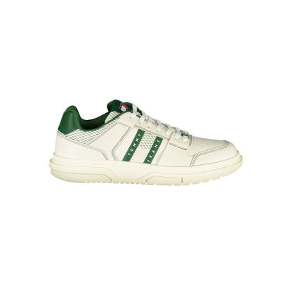Tommy Hilfiger Green Leather Men Sneaker featuring green accents and stylish design, ideal for combining functionality with fashion.