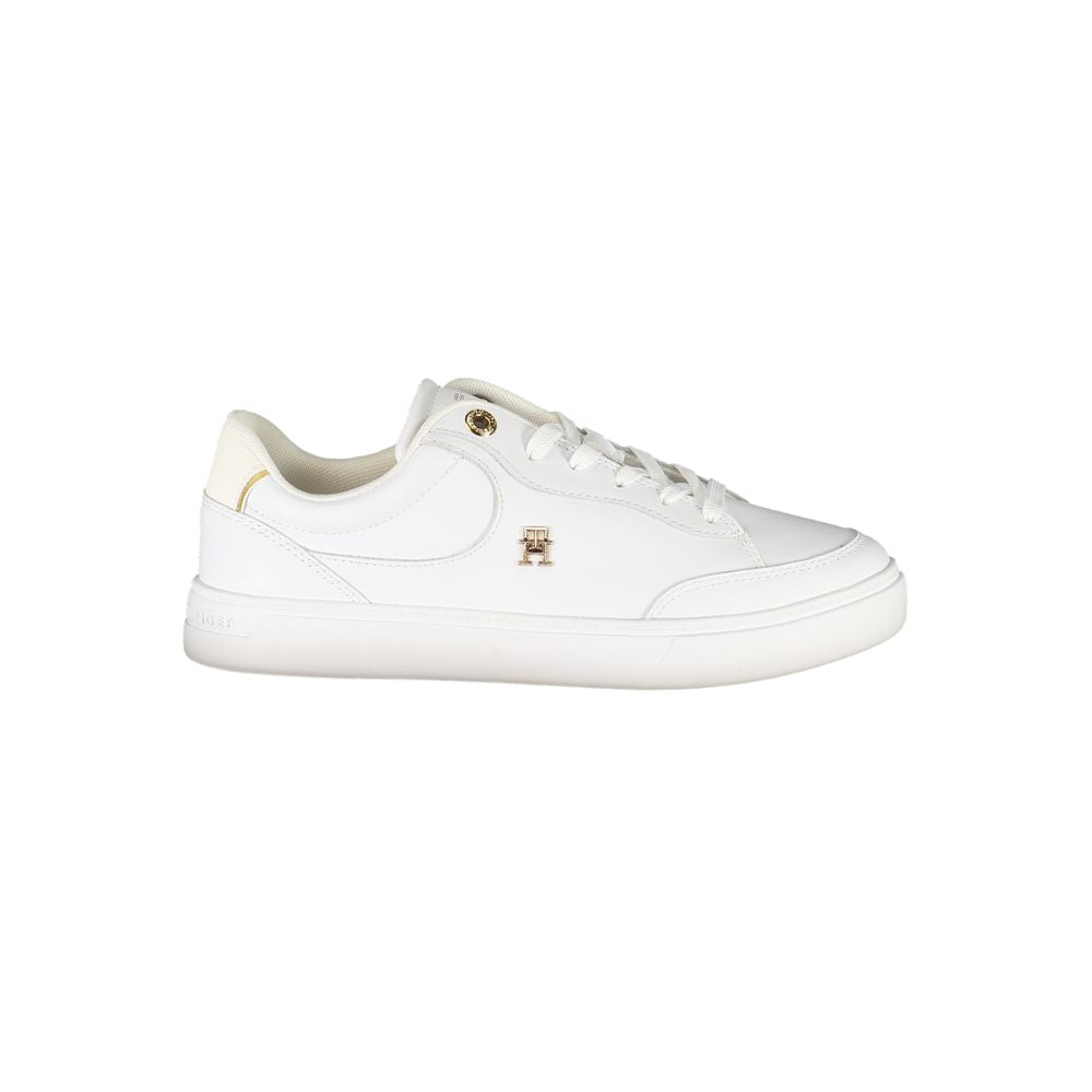Tommy Hilfiger White Leather Women Sneaker with iconic logo and ivory accents, featuring a comfortable removable insole for modern chic style.