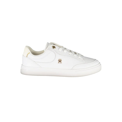 Tommy Hilfiger White Leather Women Sneaker with iconic logo and ivory accents, featuring a comfortable removable insole for modern chic style.