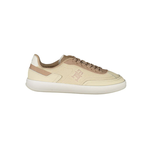 Tommy Hilfiger Beige Leather Women Sneaker with logo embroidery and removable footbed for style and comfort.