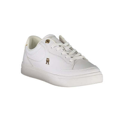 Tommy Hilfiger White Leather Women Sneaker with iconic logo, offering a blend of style and comfort. Perfect for a chic and sporty look.