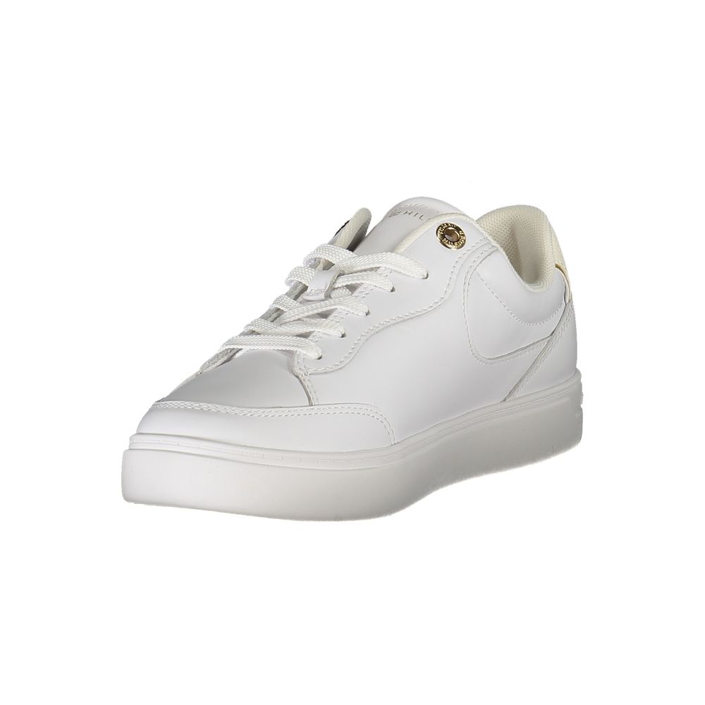 Tommy Hilfiger White Leather Women Sneaker with iconic ivory contrasts and removable insole for comfort and style.