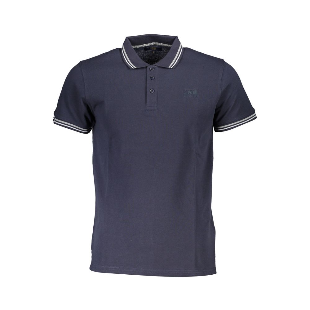 Cavalli Class Blue Cotton Men Polo Shirt featuring smart buttons and iconic embroidery, perfect for sophisticated style.